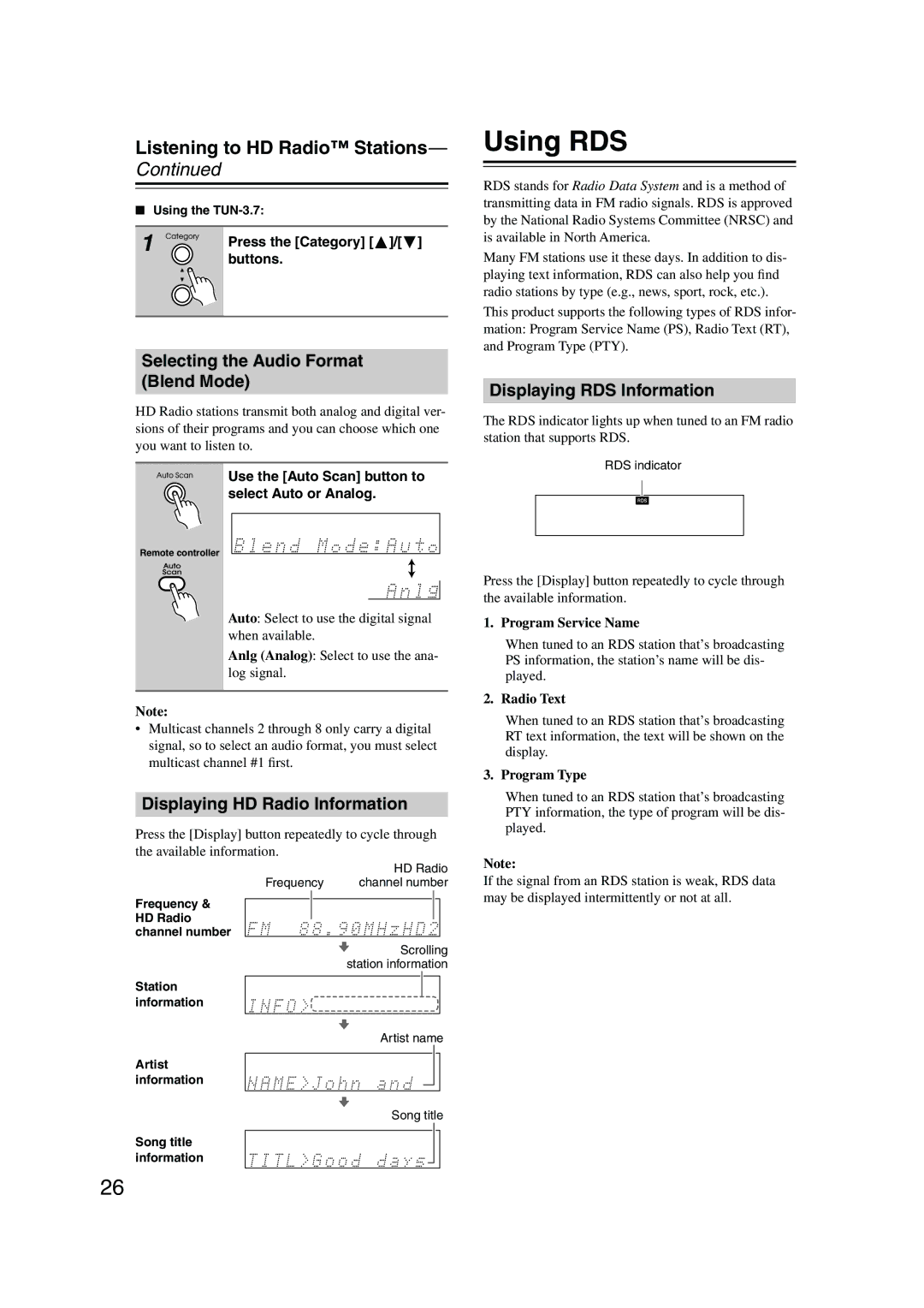 Integra TUN-3.7 instruction manual Using RDS, Listening to HD Radio Stations, Selecting the Audio Format Blend Mode 