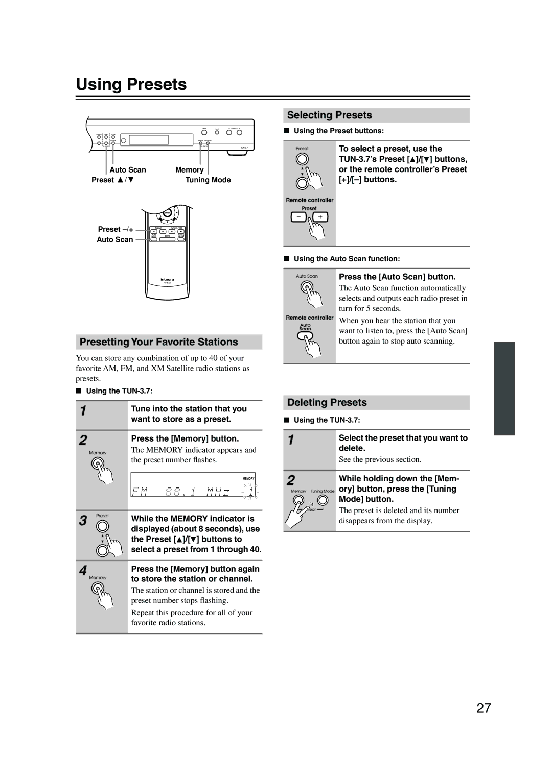 Integra TUN-3.7 instruction manual Using Presets, Presetting Your Favorite Stations, Selecting Presets, Deleting Presets 