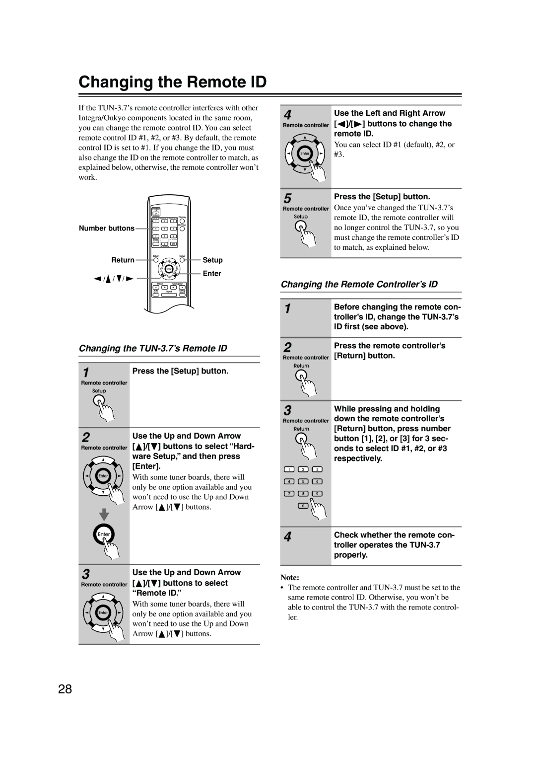 Integra instruction manual Changing the Remote ID, Changing the TUN-3.7’s Remote ID, Changing the Remote Controller’s ID 