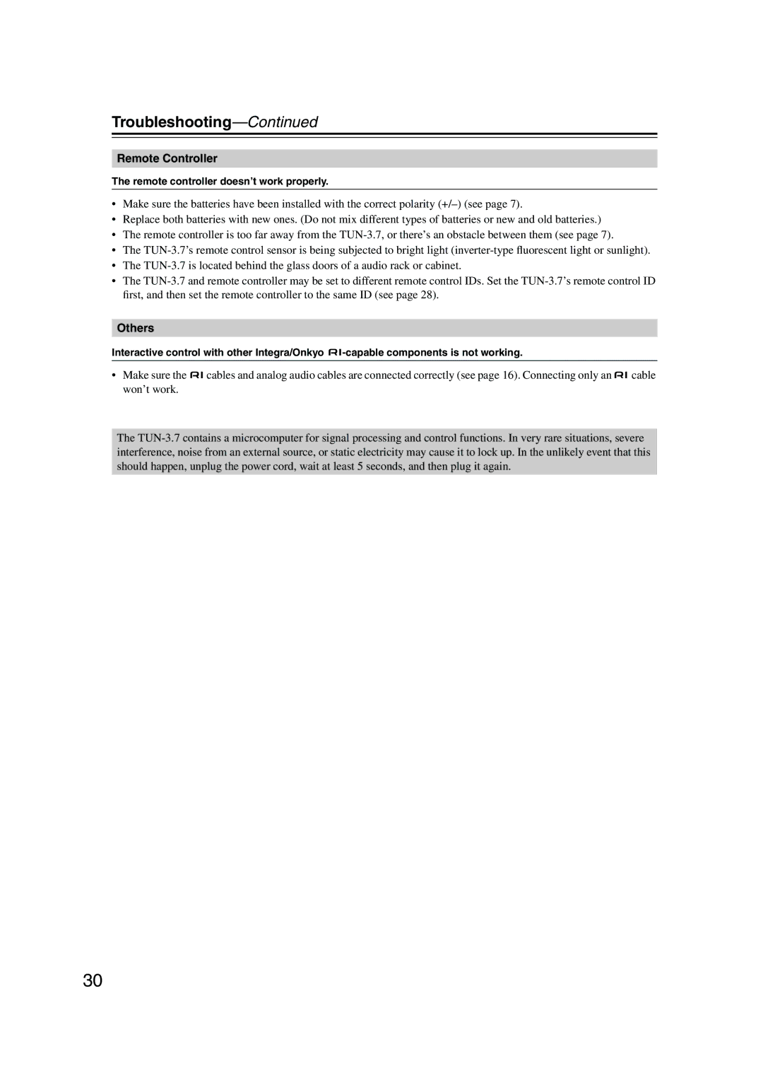 Integra TUN-3.7 instruction manual Troubleshooting, Remote Controller, Others 