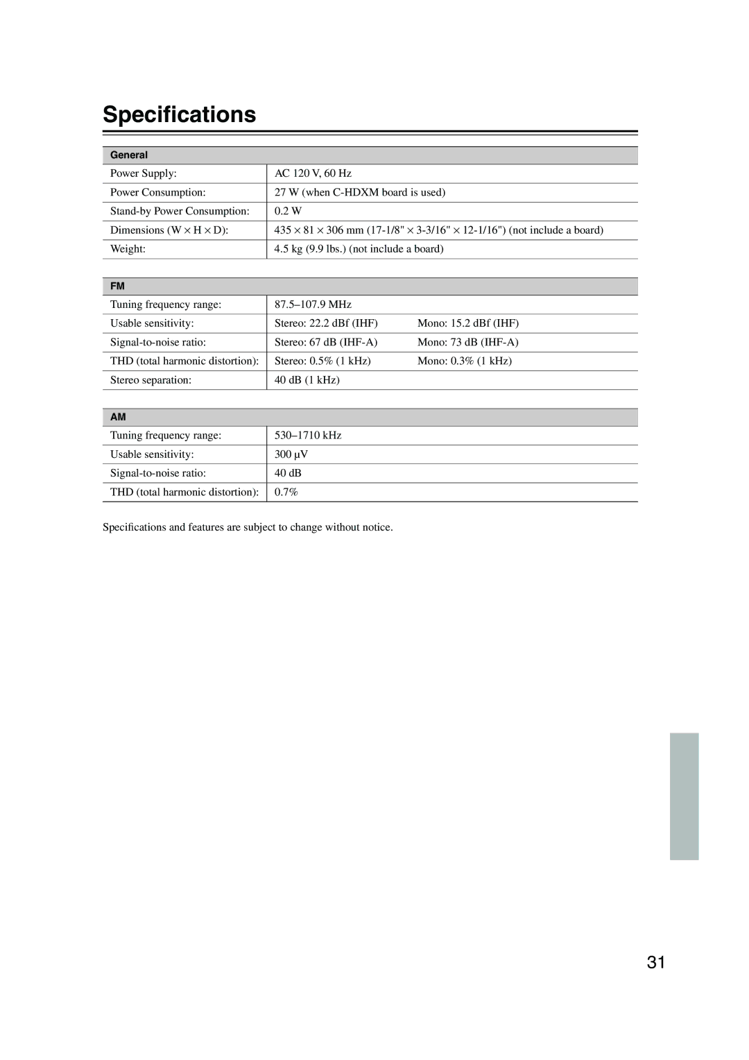 Integra TUN-3.7 instruction manual Speciﬁcations 