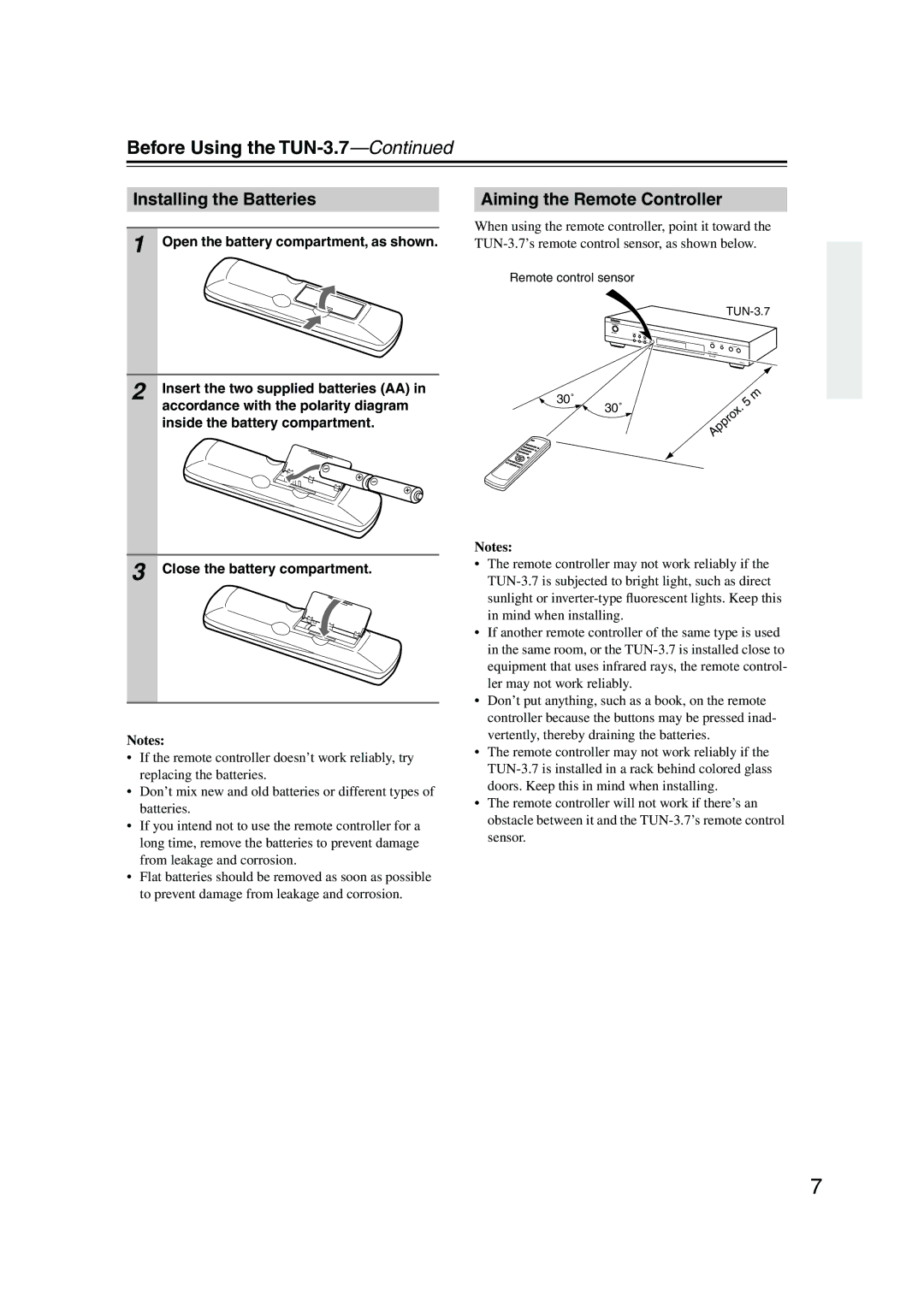 Integra Before Using the TUN-3.7, Installing the Batteries, Aiming the Remote Controller, Close the battery compartment 