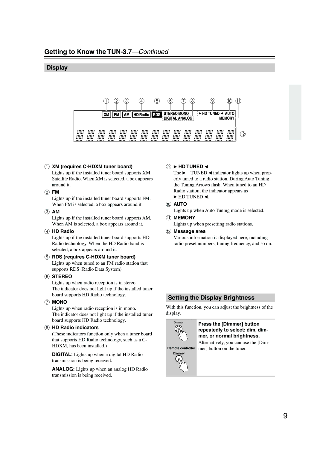 Integra instruction manual Getting to Know the TUN-3.7, Setting the Display Brightness 