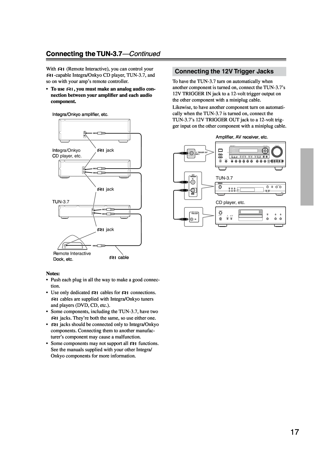 Integra instruction manual Connecting the TUN-3.7-Continued, Connecting the 12V Trigger Jacks 