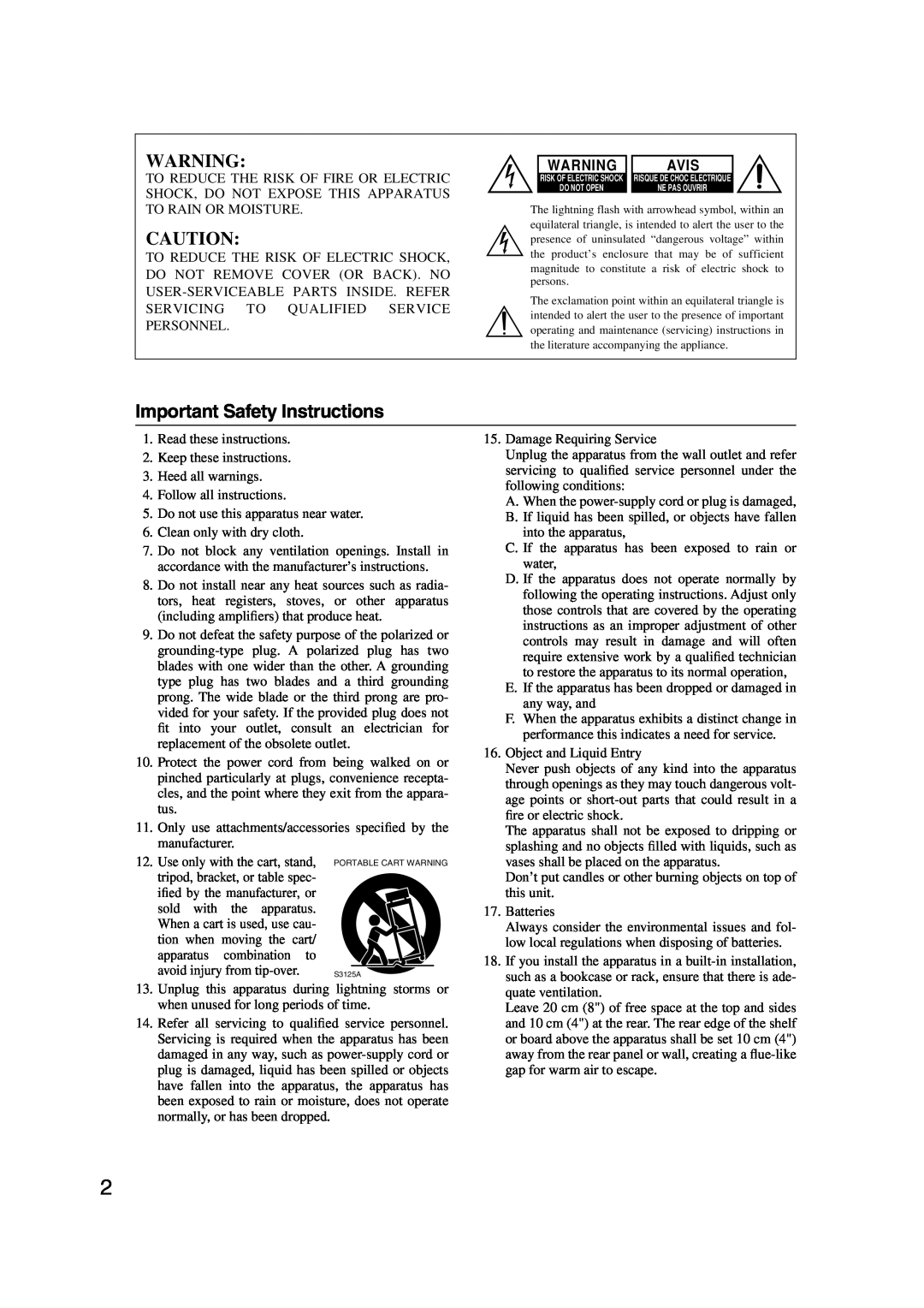 Integra TUN-3.7 instruction manual Important Safety Instructions, Avis 