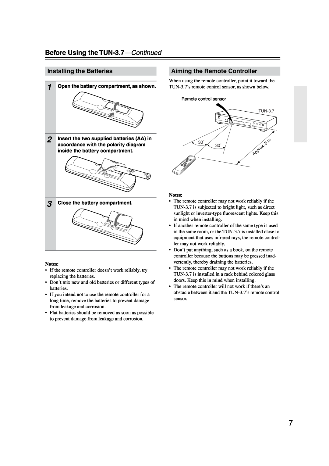 Integra instruction manual Before Using the TUN-3.7-Continued, Installing the Batteries, Aiming the Remote Controller 