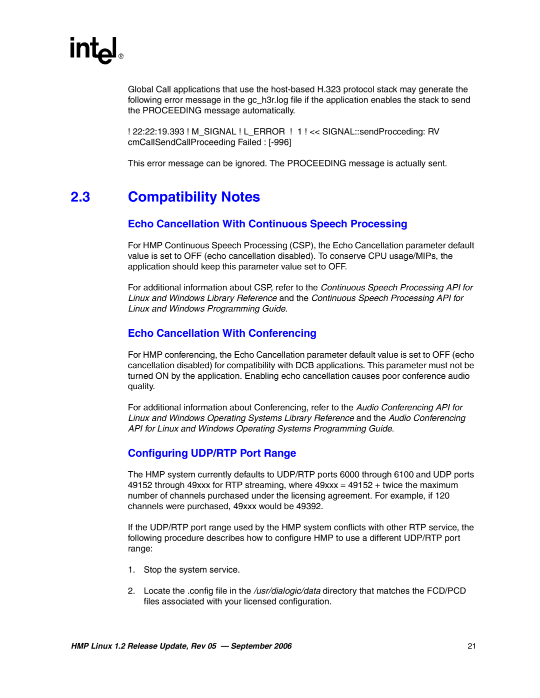 Intel 05-2352-005 Compatibility Notes, Echo Cancellation With Continuous Speech Processing, Configuring UDP/RTP Port Range 