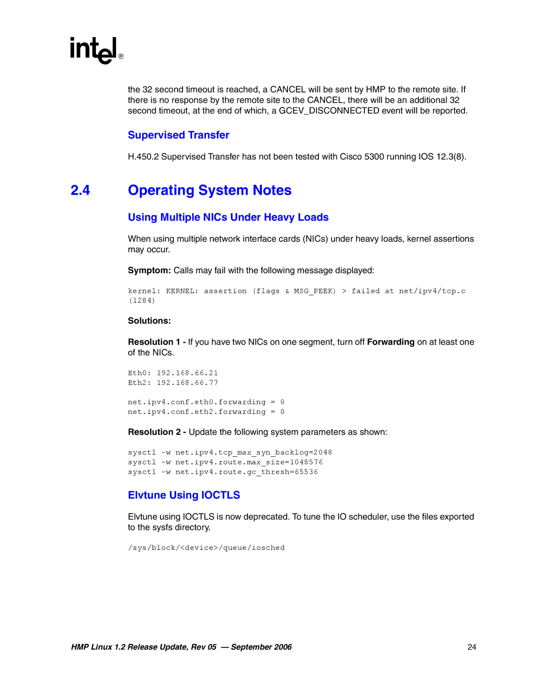 Intel 05-2352-005 Operating System Notes, Supervised Transfer, Using Multiple NICs Under Heavy Loads, Elvtune Using Ioctls 