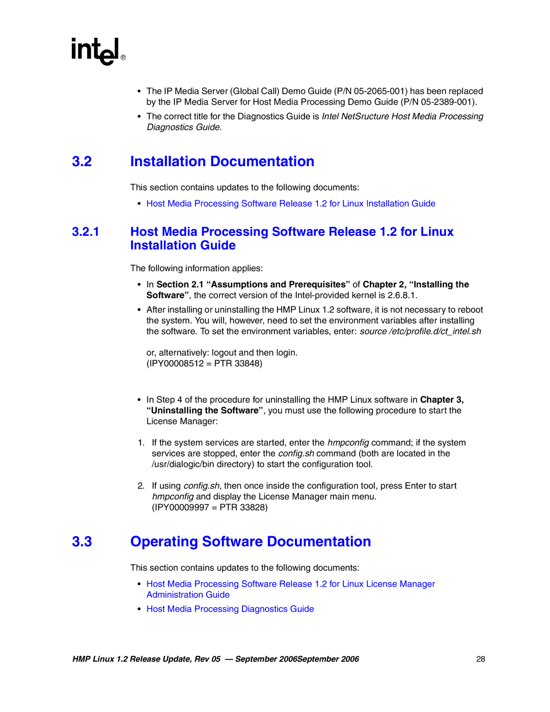 Intel 05-2352-005 manual Installation Documentation, Operating Software Documentation 