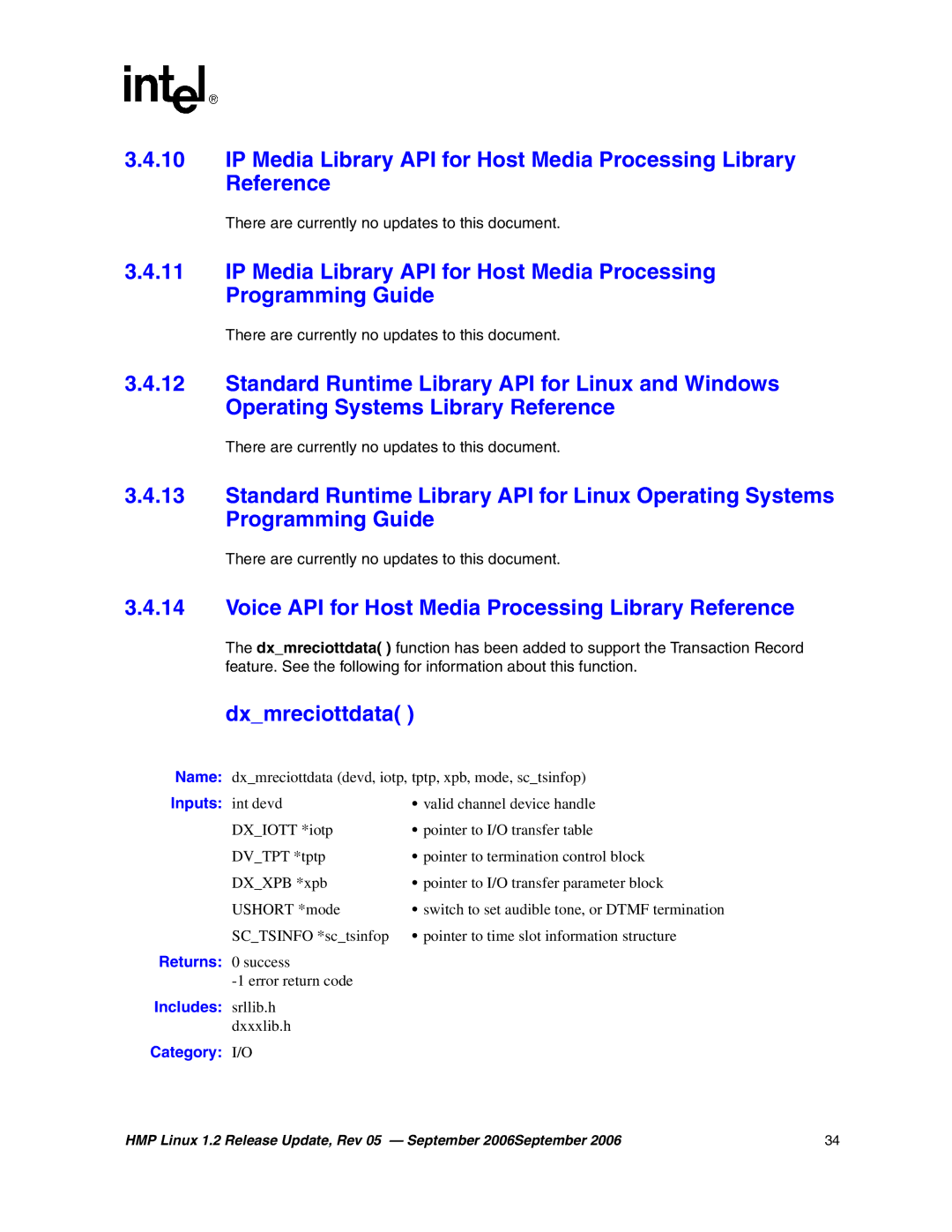 Intel 05-2352-005 manual Voice API for Host Media Processing Library Reference, Dxmreciottdata 