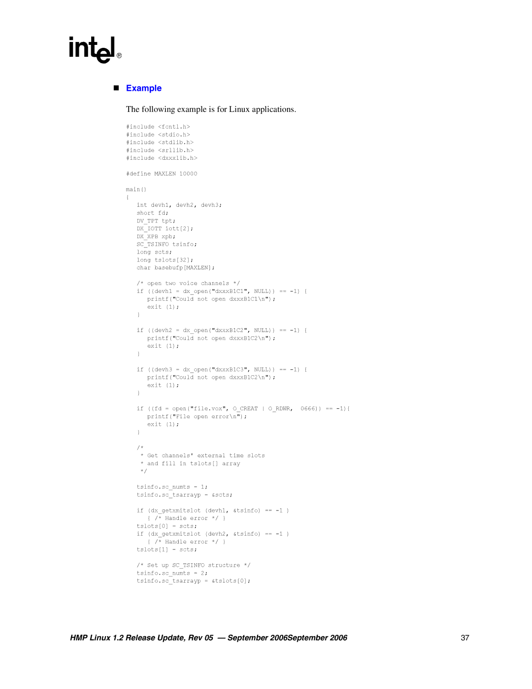 Intel 05-2352-005 manual „ Example, Following example is for Linux applications 