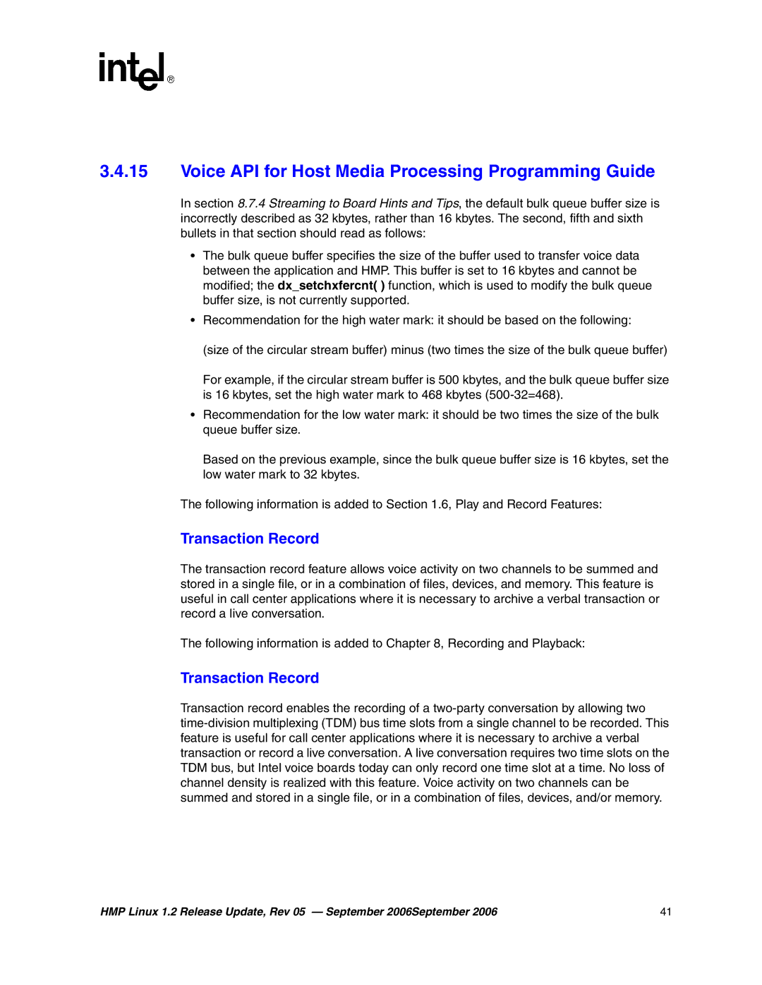 Intel 05-2352-005 manual Voice API for Host Media Processing Programming Guide, Transaction Record 