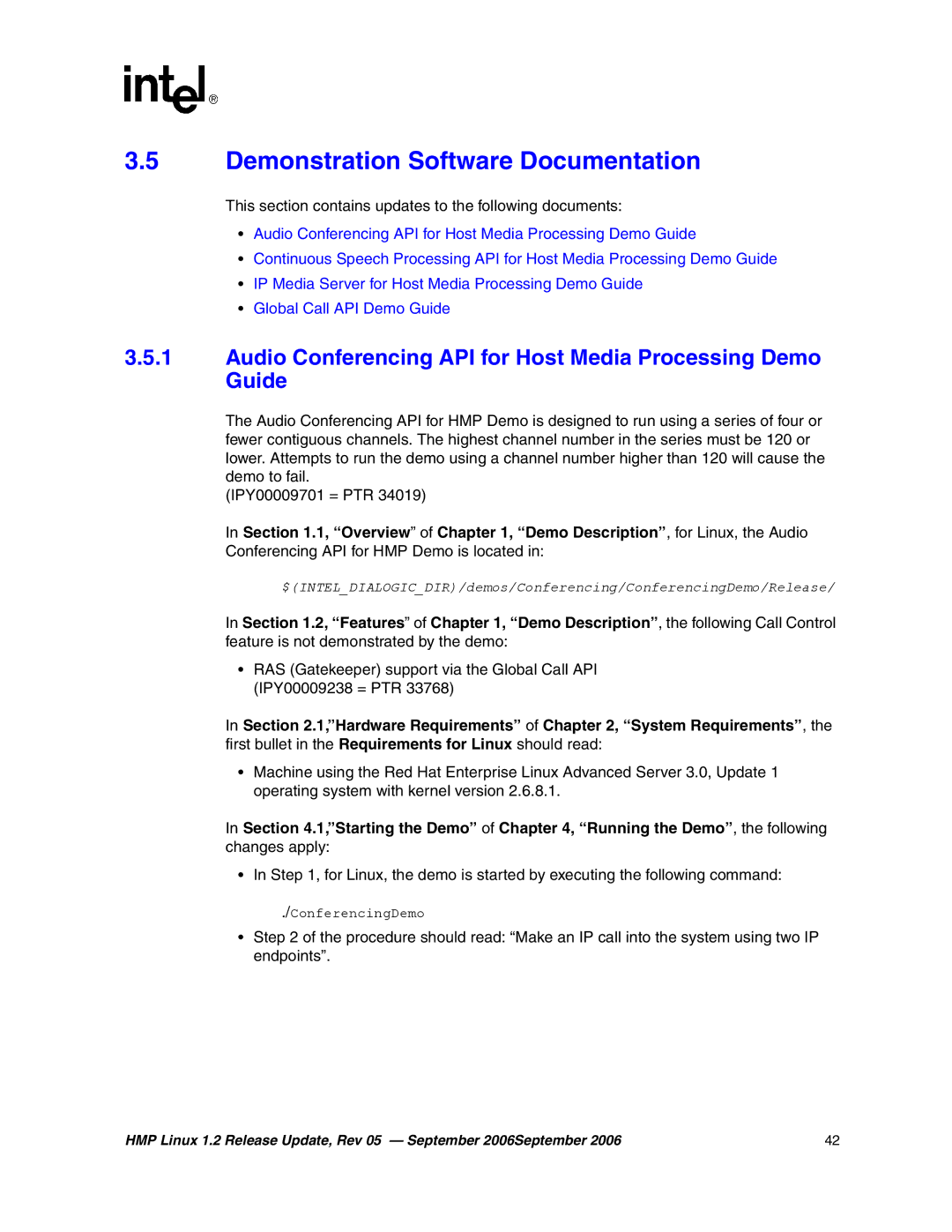 Intel 05-2352-005 manual Demonstration Software Documentation, Audio Conferencing API for Host Media Processing Demo Guide 