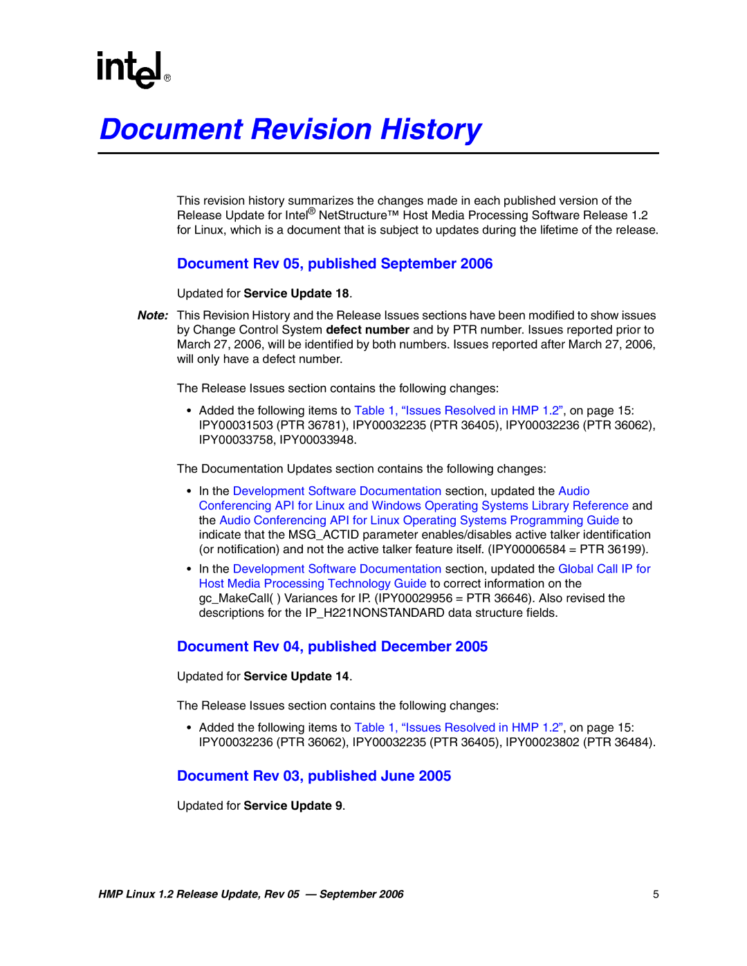 Intel 05-2352-005 Document Rev 05, published September, Document Rev 04, published December, Updated for Service Update 