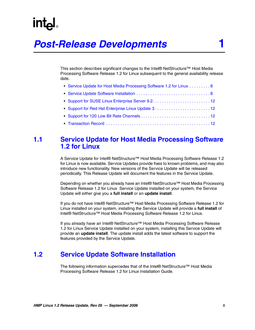 Intel 05-2352-005 manual Release Developments, Service Update Software Installation 