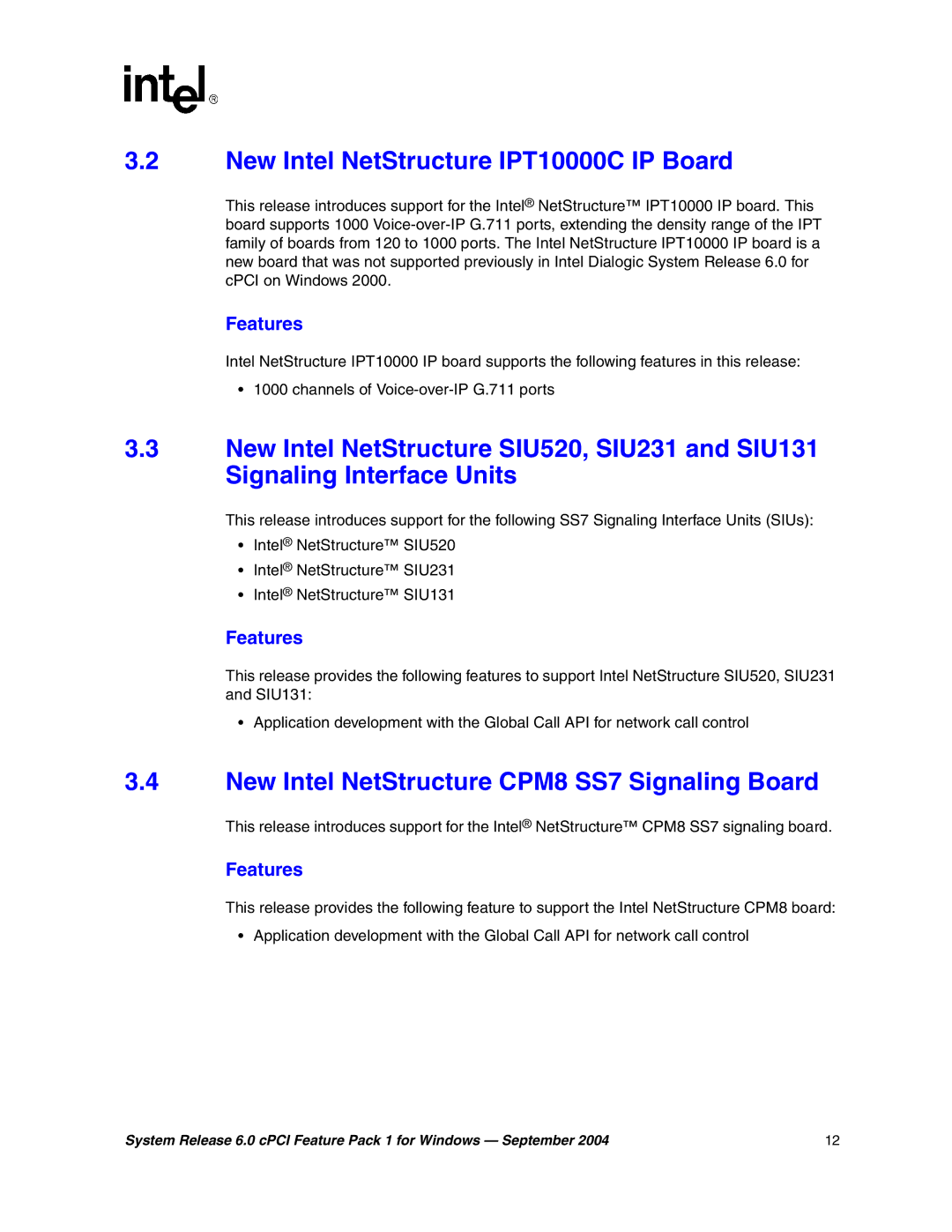 Intel 05-2372-001 manual New Intel NetStructure IPT10000C IP Board, New Intel NetStructure CPM8 SS7 Signaling Board 