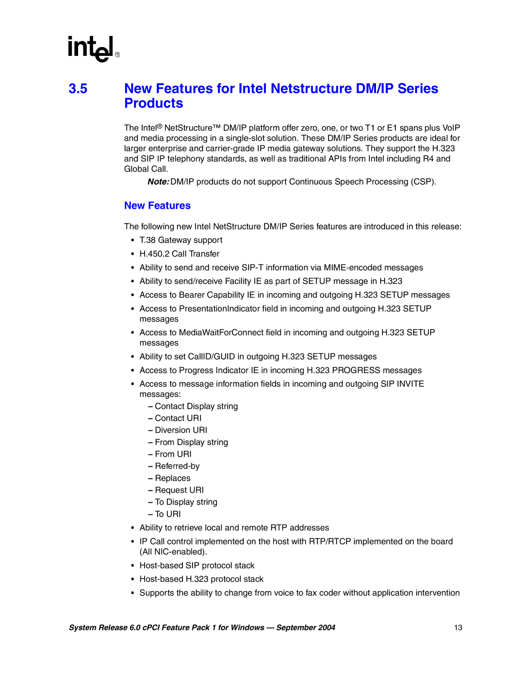 Intel 05-2372-001 manual New Features for Intel Netstructure DM/IP Series Products 