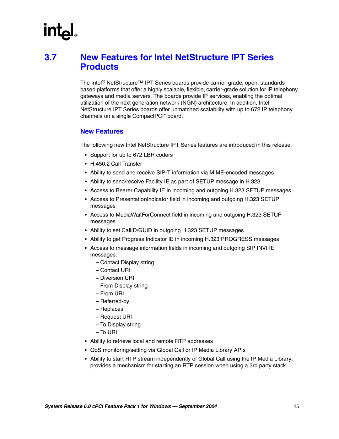 Intel 05-2372-001 manual New Features for Intel NetStructure IPT Series Products 