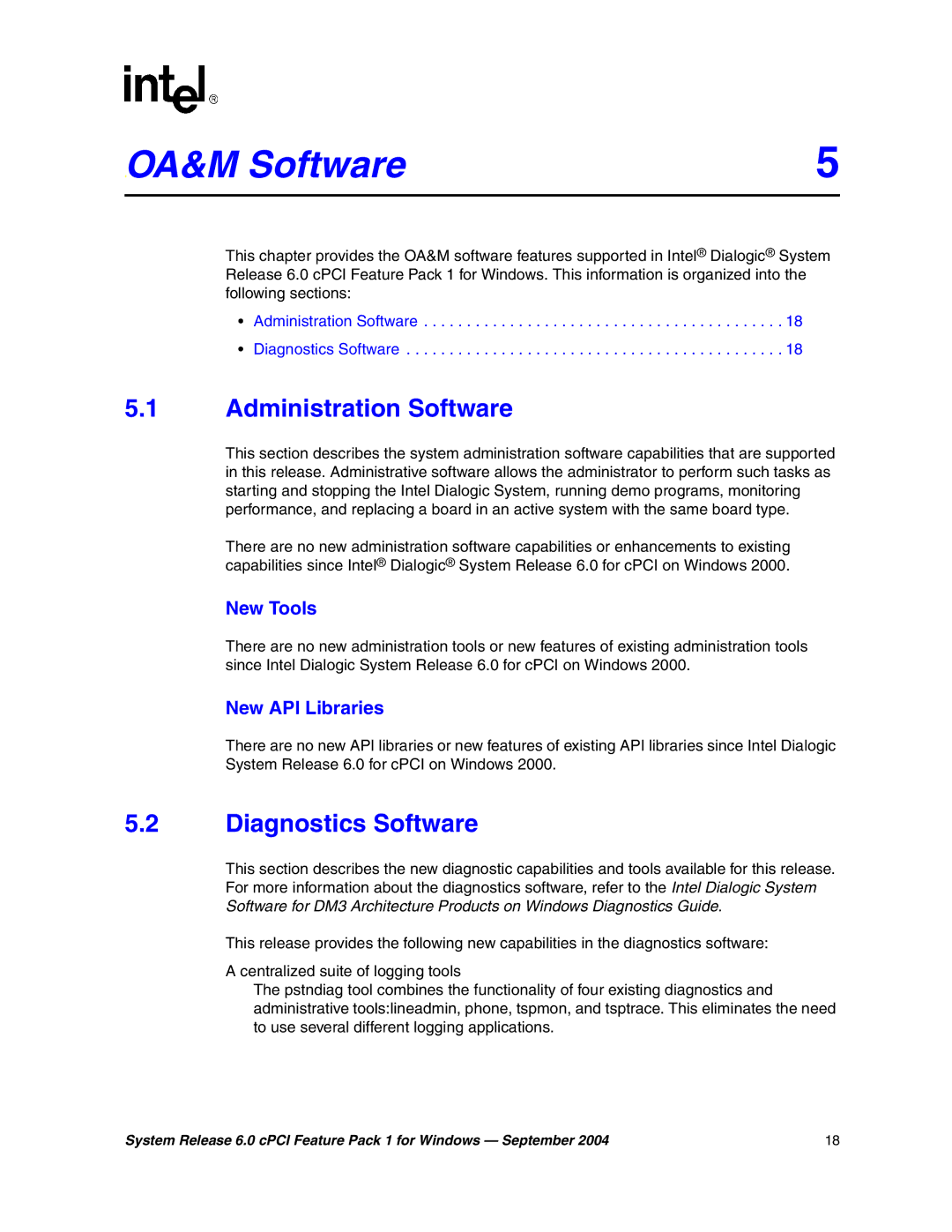 Intel 05-2372-001 manual OA&M5 Software, Administration Software, Diagnostics Software 