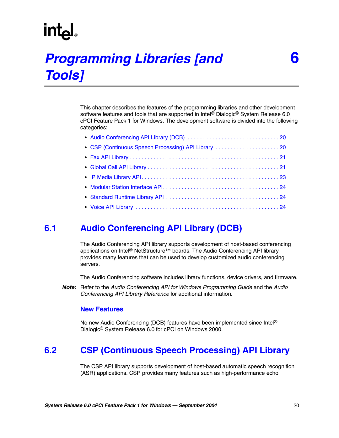 Intel 05-2372-001 manual Programming6 Libraries Tools, Audio Conferencing API Library DCB 