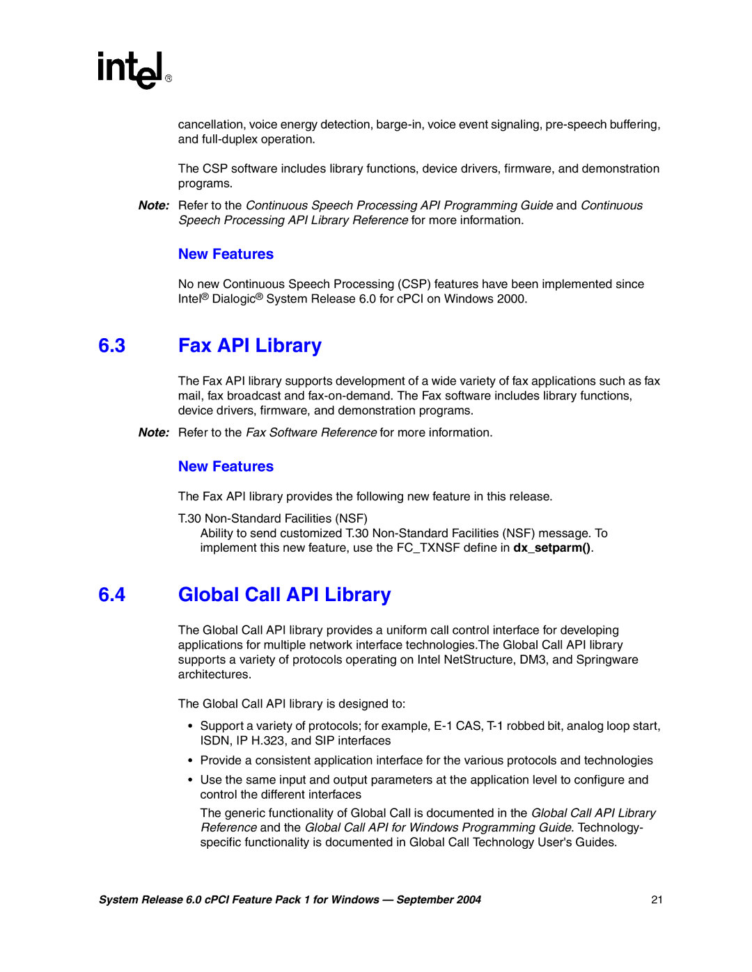 Intel 05-2372-001 manual Fax API Library, Global Call API Library 