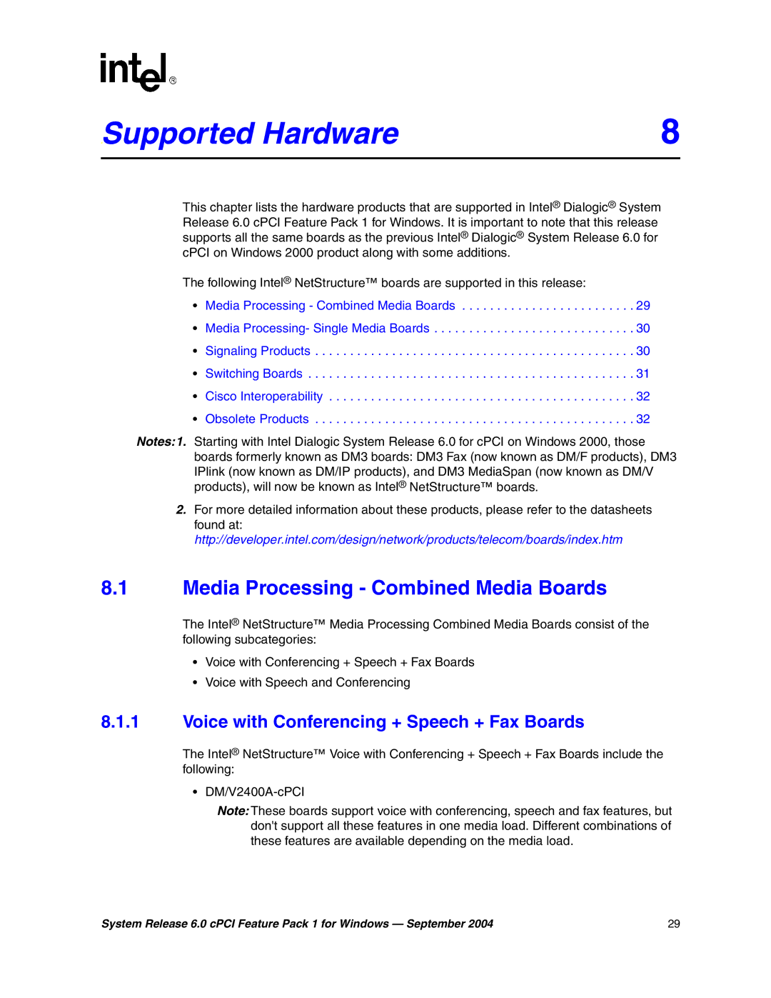 Intel 05-2372-001 manual Supported8 Hardware, Media Processing Combined Media Boards 