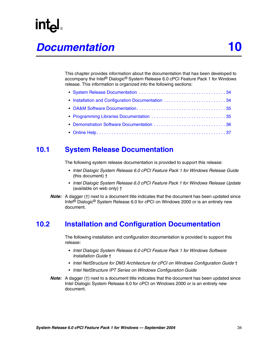 Intel 05-2372-001 manual 10Documentation.10, System Release Documentation, Installation and Configuration Documentation 