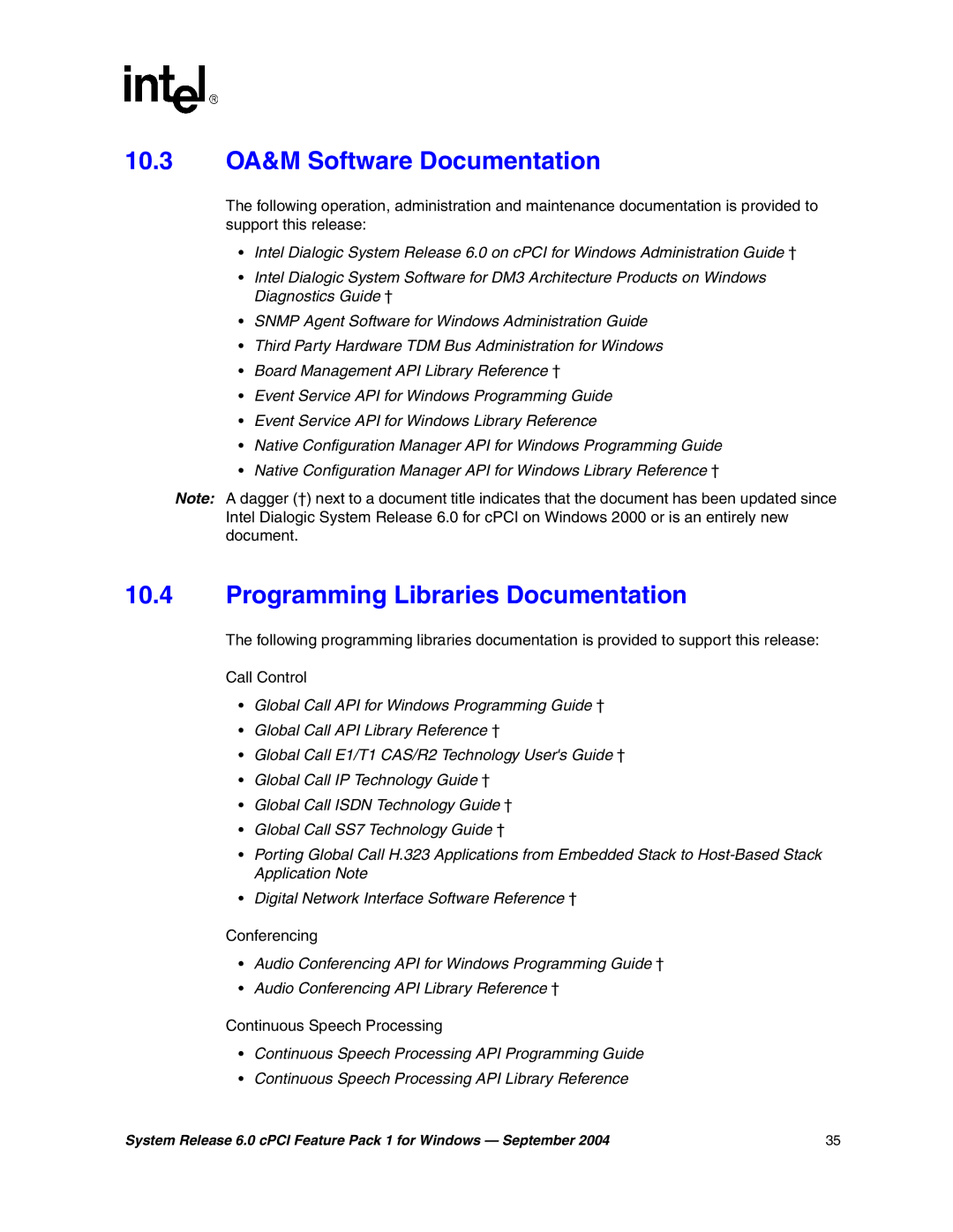 Intel 05-2372-001 manual 10.3 OA&M Software Documentation, Programming Libraries Documentation 