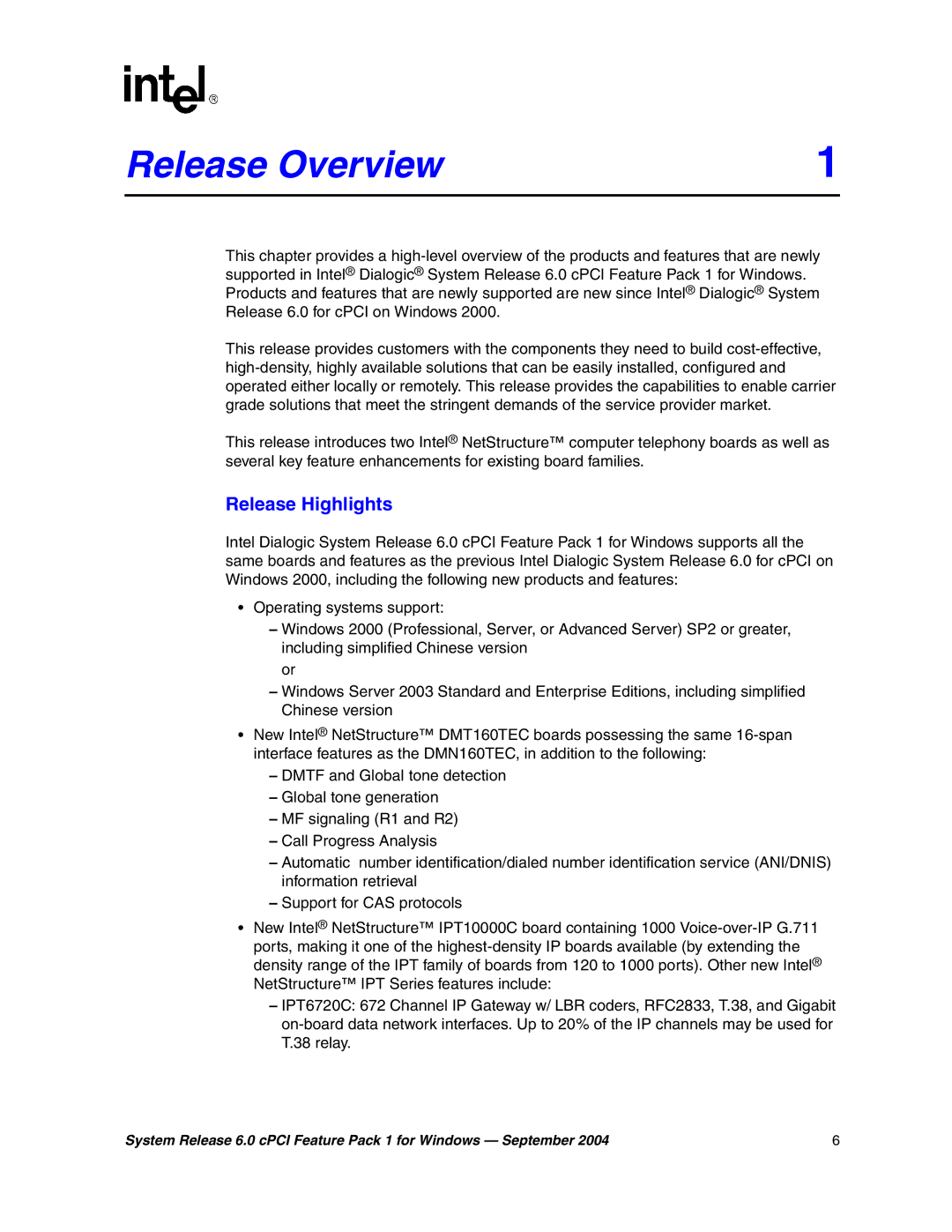 Intel 05-2372-001 manual Release1 Overview, Release Highlights 