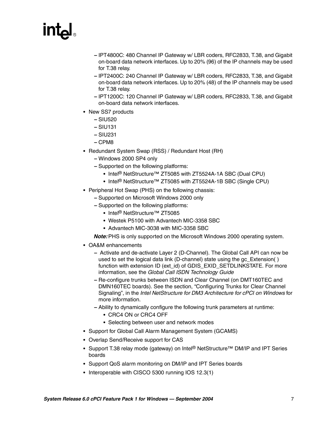 Intel 05-2372-001 manual System Release 6.0 cPCI Feature Pack 1 for Windows September 