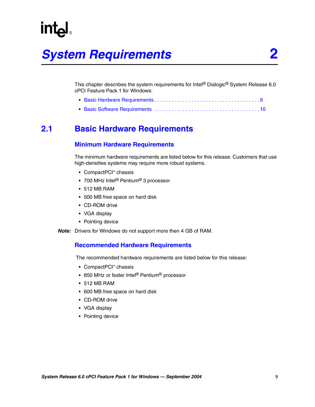 Intel 05-2372-001 manual System2 Requirements, Basic Hardware Requirements 