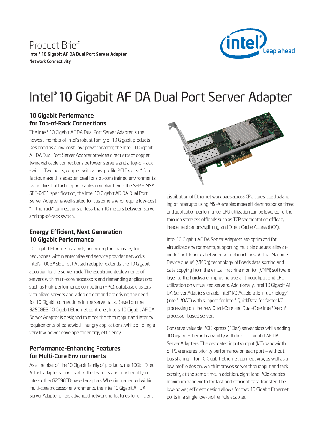 Intel manual Intel 10 Gigabit AF DA Dual Port Server Adapter, Product Brief 