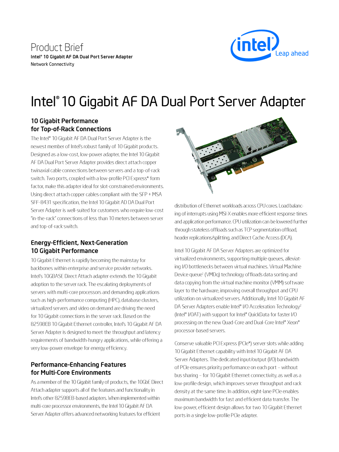 Intel 10 Gigabit AF DA Dual Port Server Adapte manual Gigabit Performance For Top-of-Rack Connections 