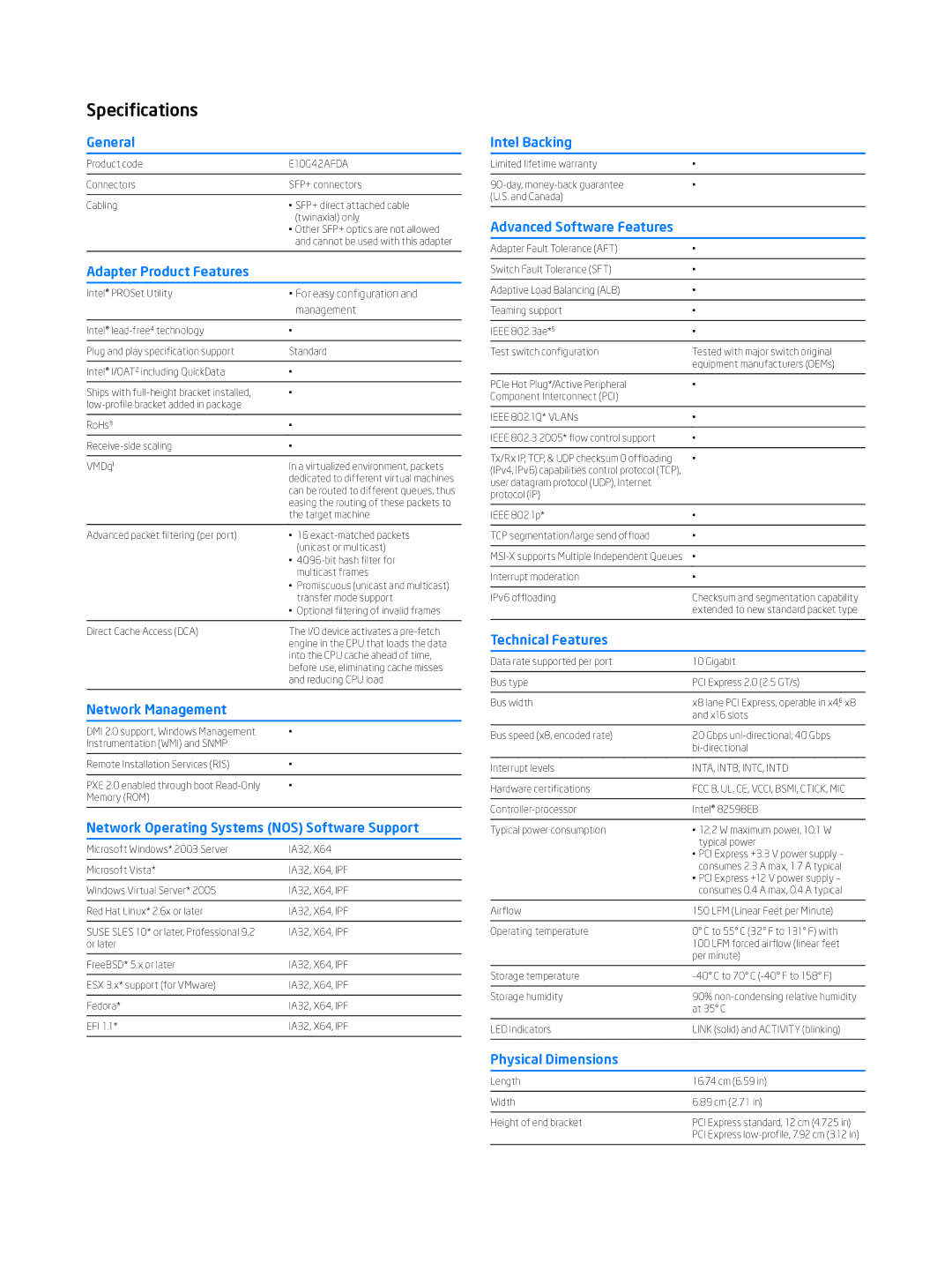 Intel 10 Gigabit AF DA Dual Port Server Adapte manual Specifications, General 