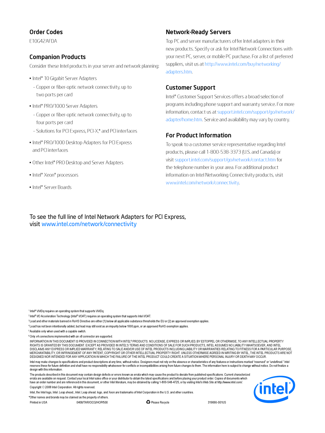 Intel 10 Gigabit AF DA Dual Port Server Adapte manual Order Codes, Companion Products 