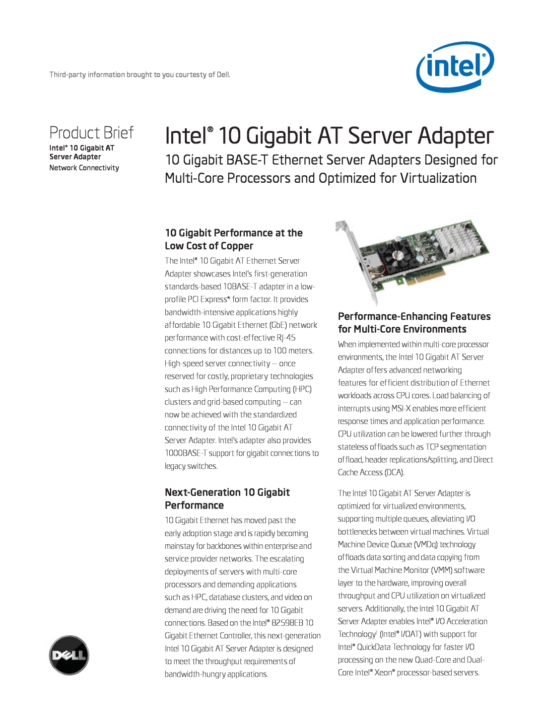 Intel 10 Gigabit AT Ethernet Server Adapter manual Gigabit Performance at the Low Cost of Copper, Product Brief 