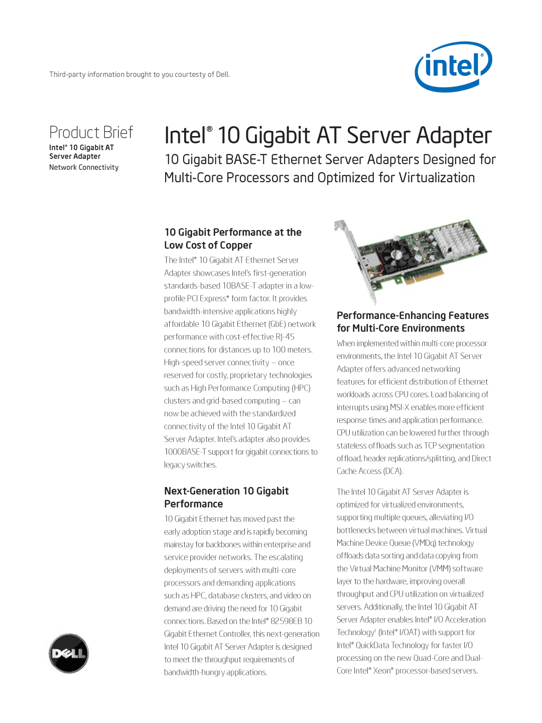 Intel 10 Gigabit AT Ethernet Server Adapter manual Gigabit Performance at the Low Cost of Copper 