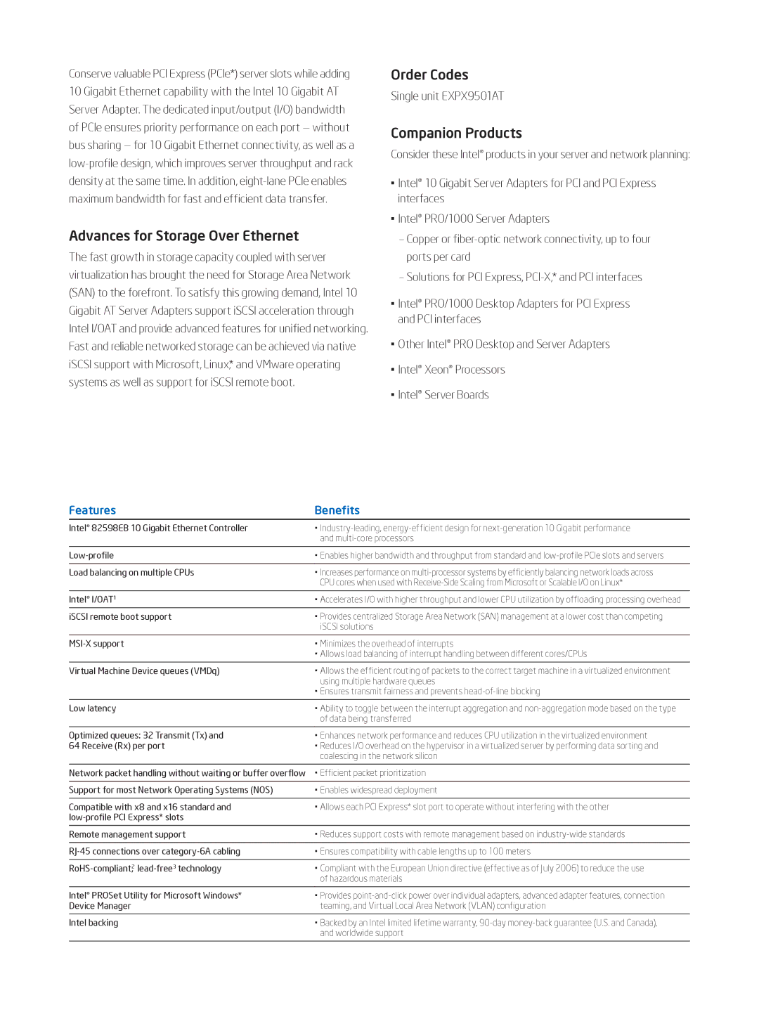 Intel 10 Gigabit AT Ethernet Server Adapter manual Advances for Storage Over Ethernet, Order Codes, Companion Products 