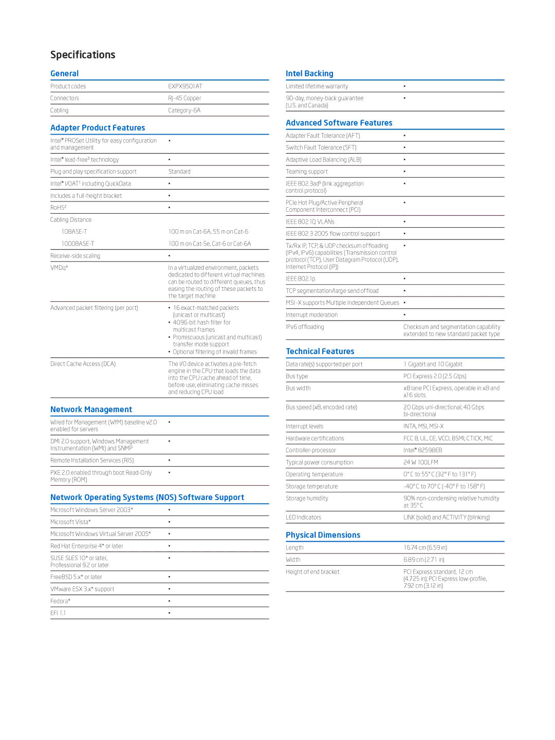 Intel 10 Gigabit AT Ethernet Server Adapter manual Specifications, Adapter Product Features 