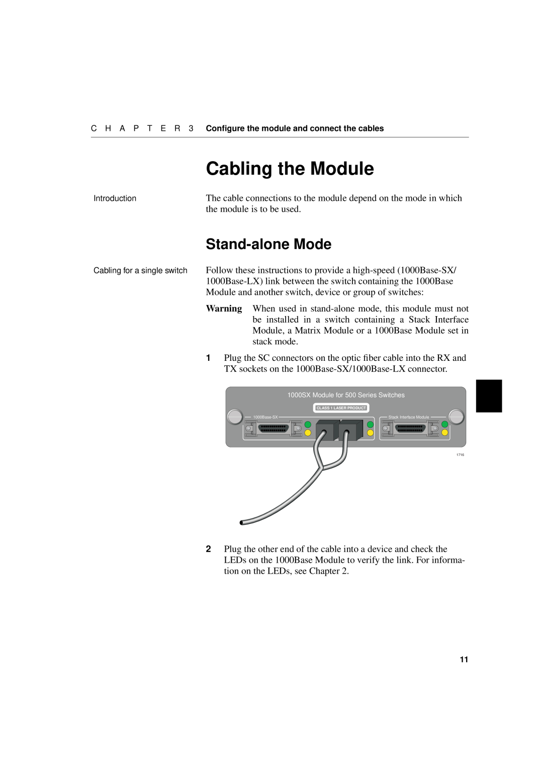Intel 1000SX, 1000LX manual Cabling the Module, Stand-alone Mode 