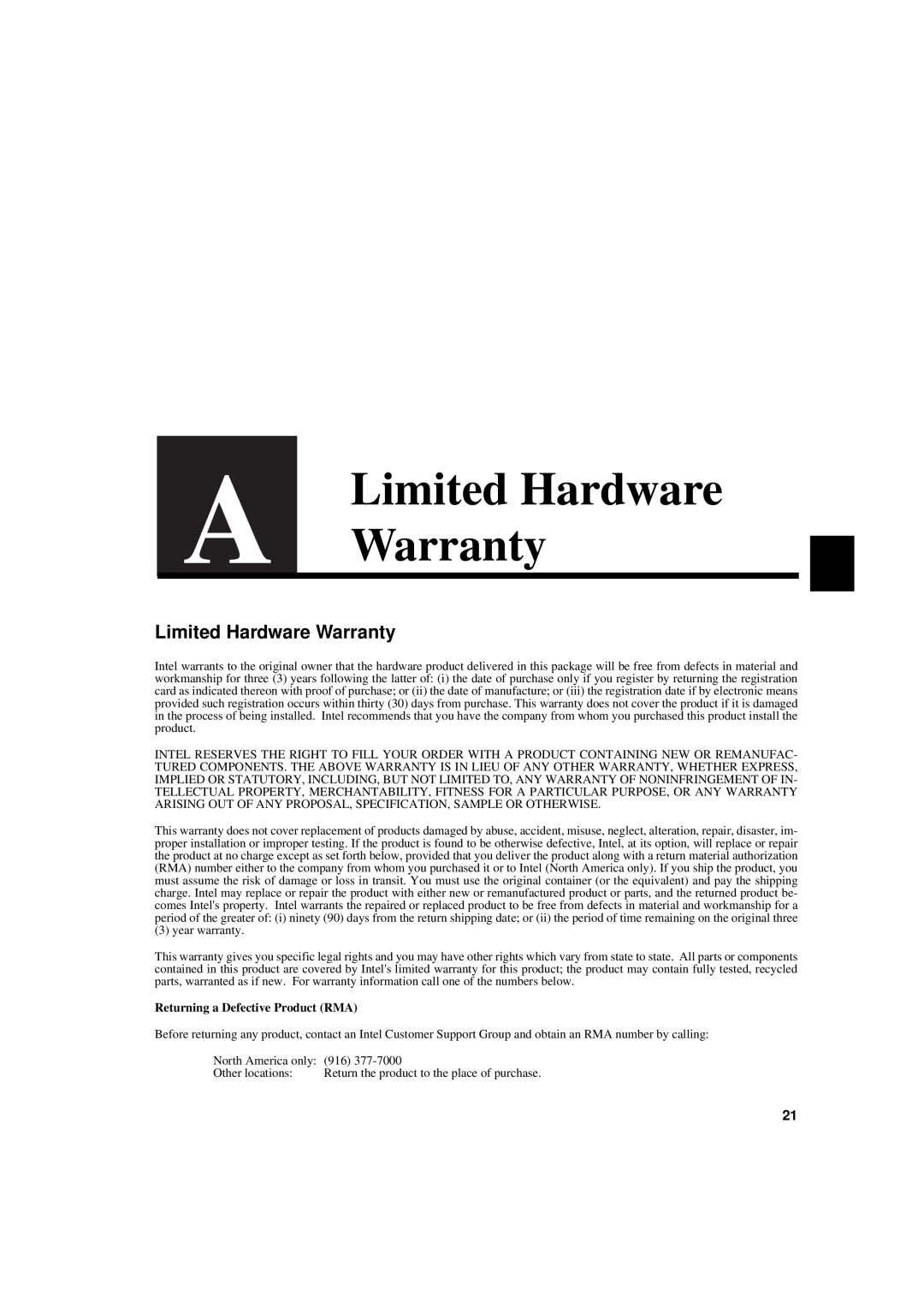 Intel 1000SX, 1000LX manual Limited Hardware Warranty, Returning a Defective Product RMA 