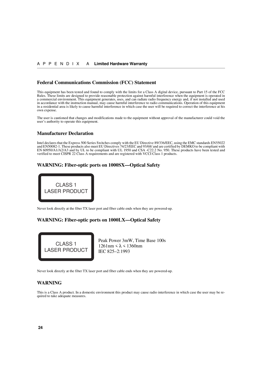 Intel 1000LX, 1000SX manual Federal Communications Commission FCC Statement, Manufacturer Declaration, Class Laser Product 