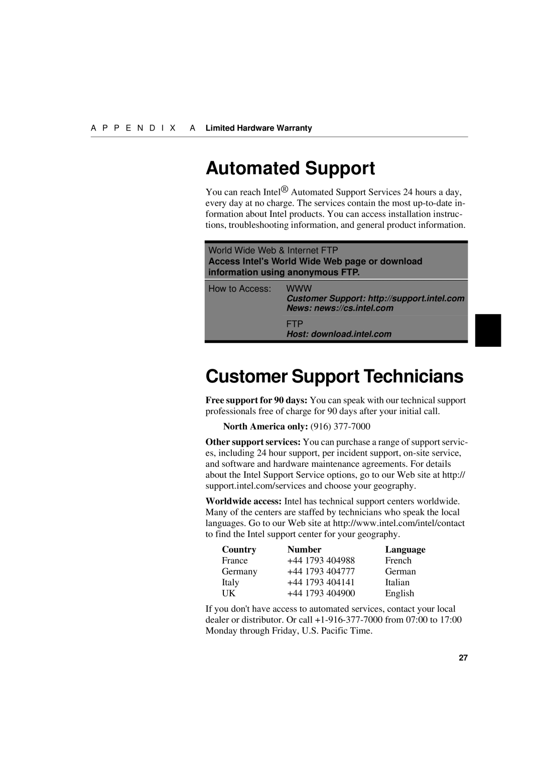 Intel 1000SX, 1000LX manual Automated Support, Customer Support Technicians, North America only, Country, Number 