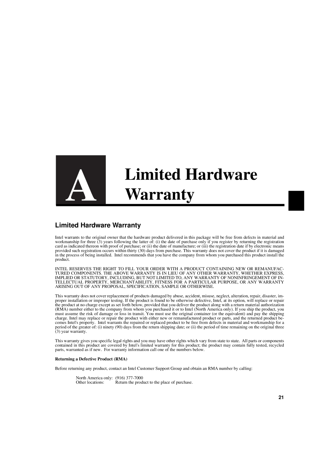 Intel 1000SX, 1000LX manual Limited Hardware Warranty 