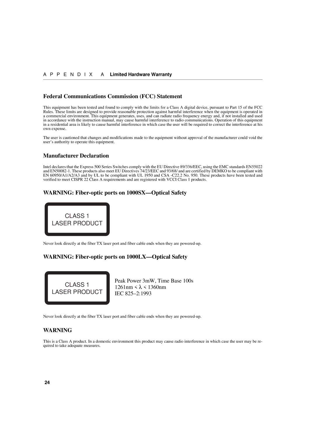 Intel 1000LX, 1000SX manual Federal Communications Commission FCC Statement 