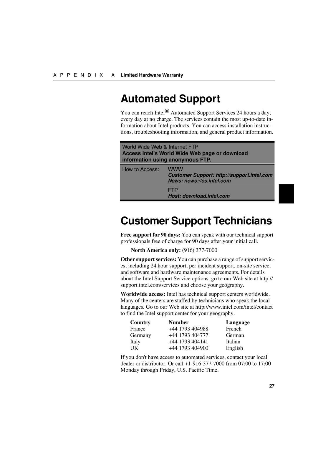 Intel 1000SX, 1000LX manual Automated Support, Customer Support Technicians 