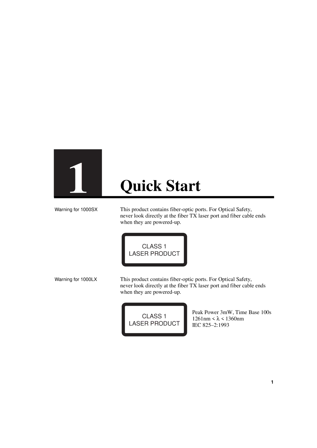 Intel 1000SX, 1000LX manual Quick Start, Class Laser Product 