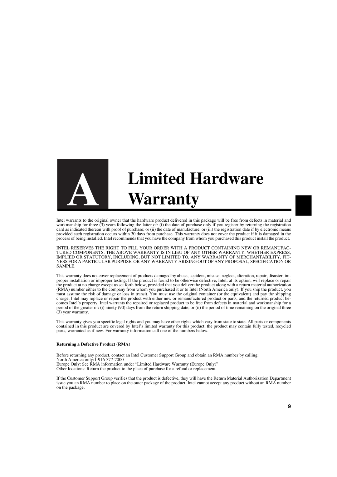 Intel 1000SX manual Limited Hardware Warranty, Returning a Defective Product RMA 