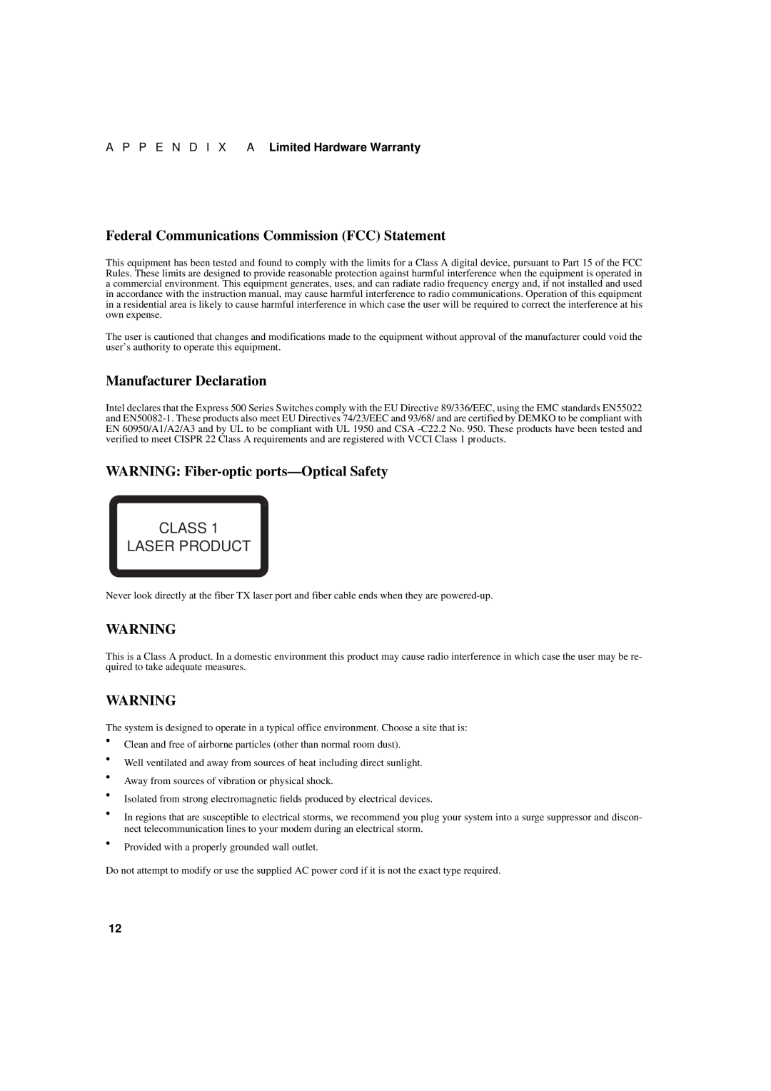 Intel 1000SX manual Federal Communications Commission FCC Statement, Manufacturer Declaration, Class Laser Product 