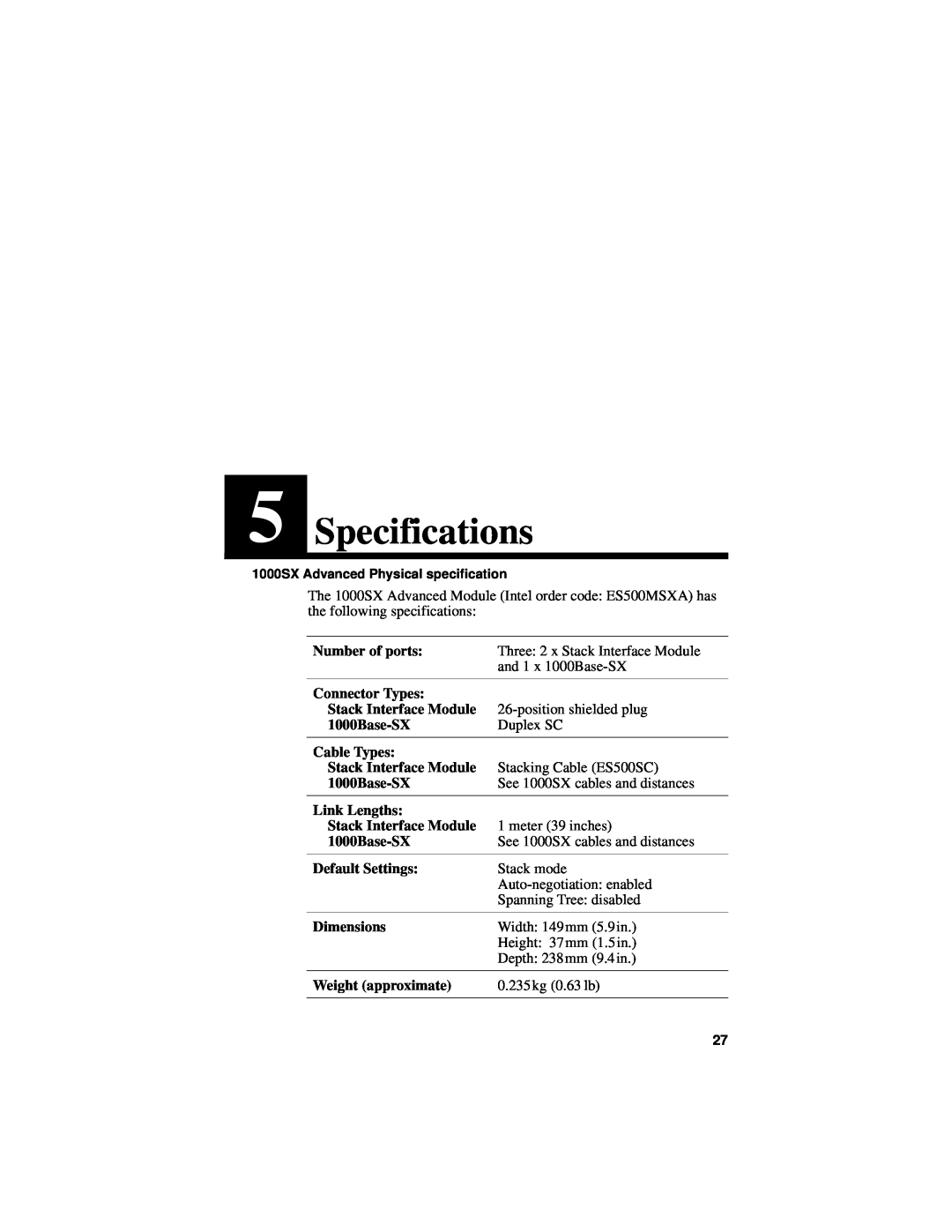 Intel manual Specifications, 1000SX Advanced Physical specification 